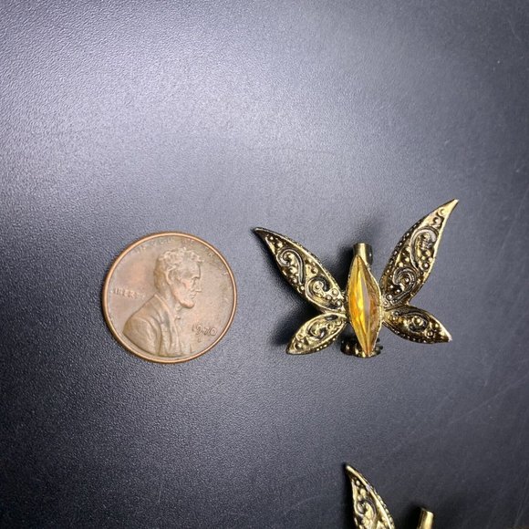 Butterfly Scatter Pin Set Small Brooch Lot Gold Tone Amber Rhinestone Vintage - Picture 4 of 6